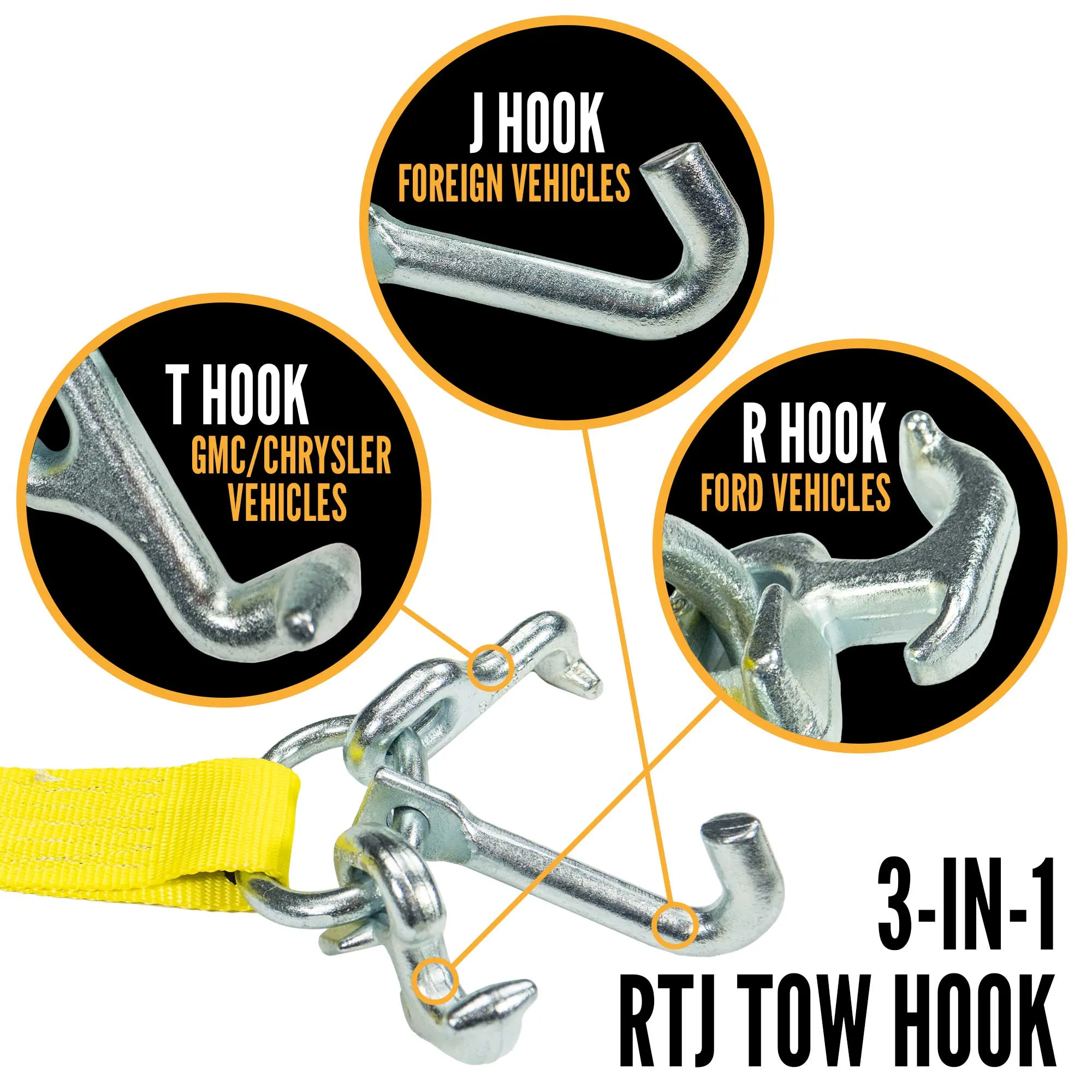2" x 10' Tow Truck Ratchet Strap - E-Fitting / RTJ Cluster Hook | Yellow