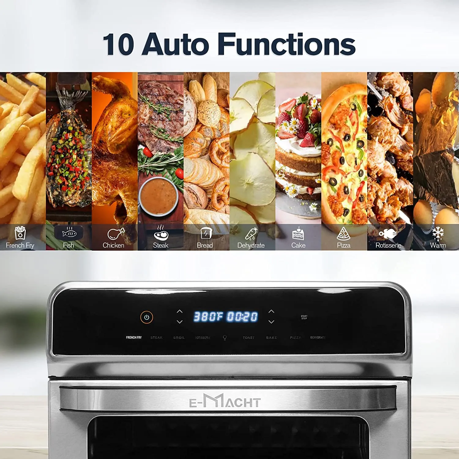 E-Macht 24 Quart Air Fryer Convection Toaster Oven Airfryer 10 Stainless Steel Small Appliance 1700W Large Airfryer