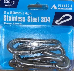 Fastenings - Snap Hook 8 x 80mm Stainless Steel - 4 Pack