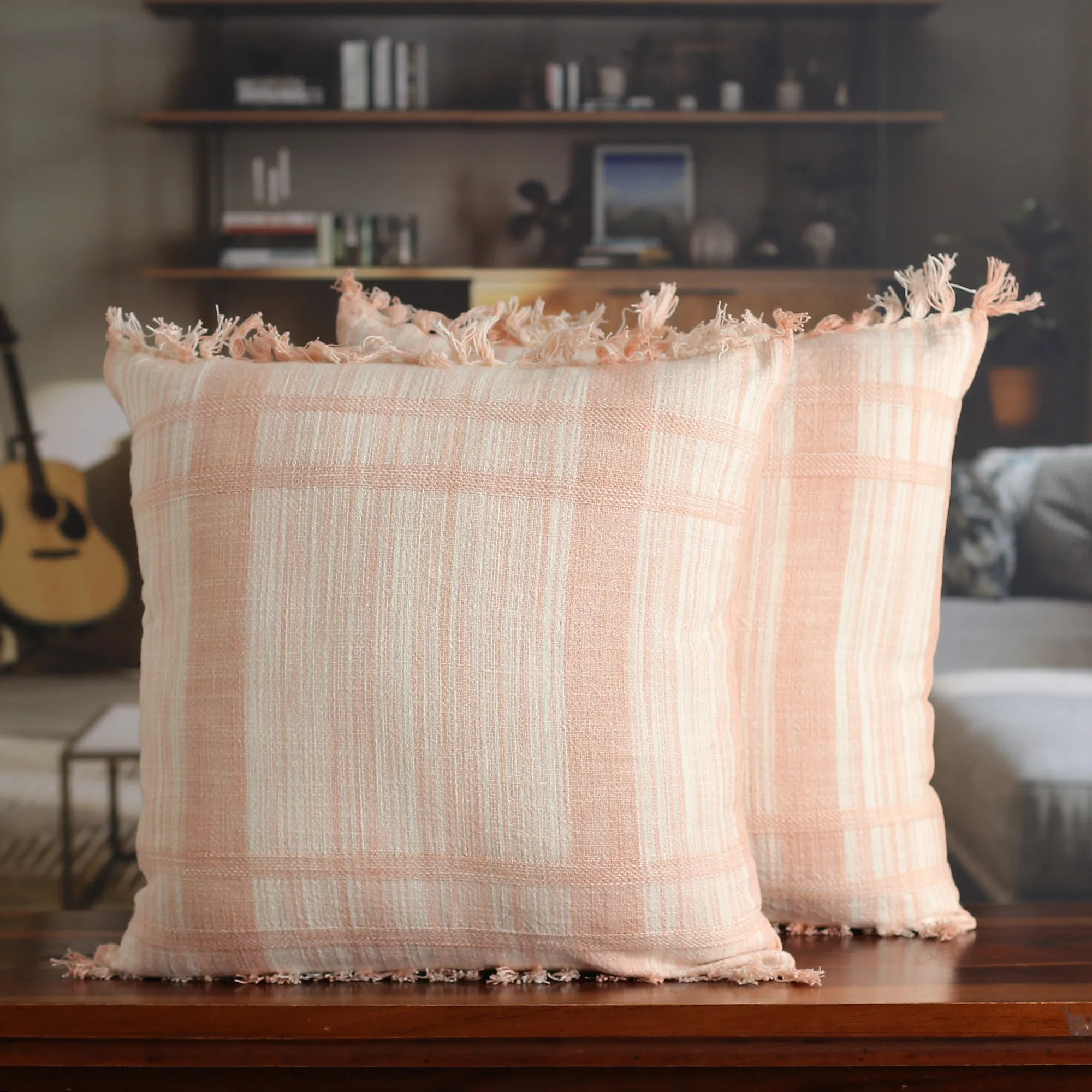 Peach and Vanilla Fringed Cotton Cushion Covers (Pair) - Passionate Peach | NOVICA