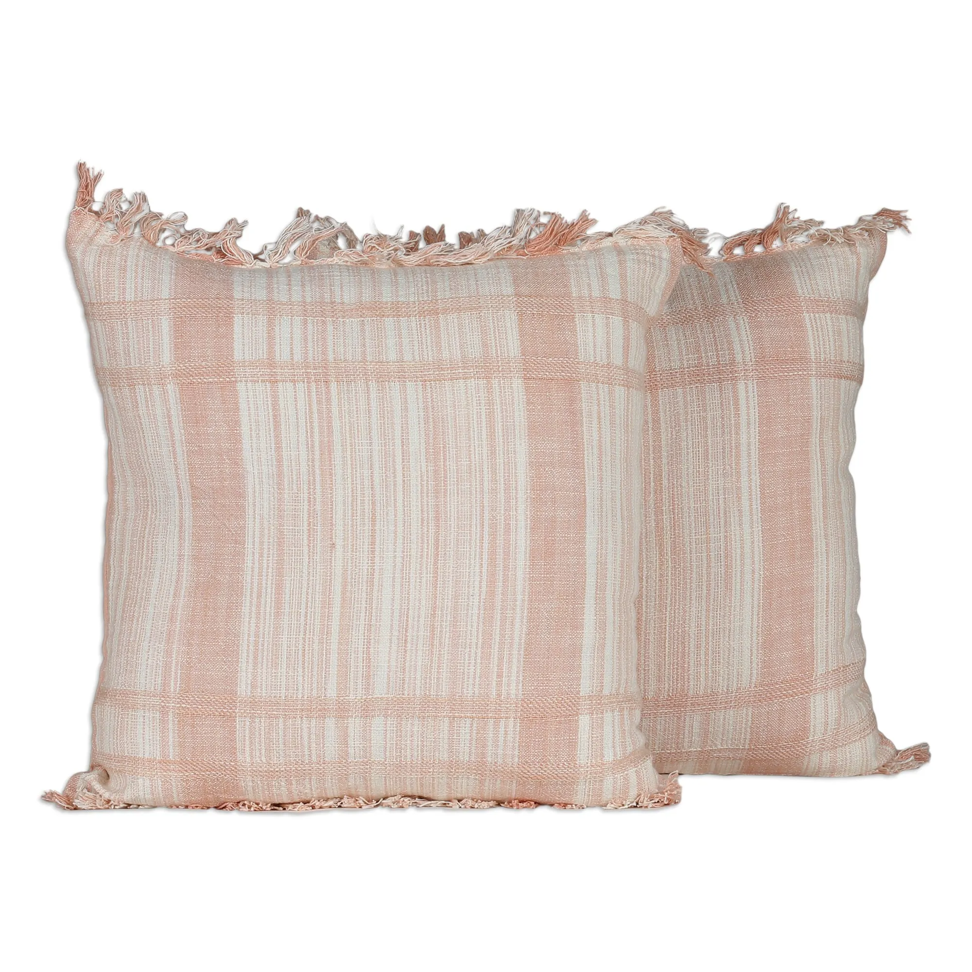 Peach and Vanilla Fringed Cotton Cushion Covers (Pair) - Passionate Peach | NOVICA