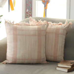 Peach and Vanilla Fringed Cotton Cushion Covers (Pair) - Passionate Peach | NOVICA