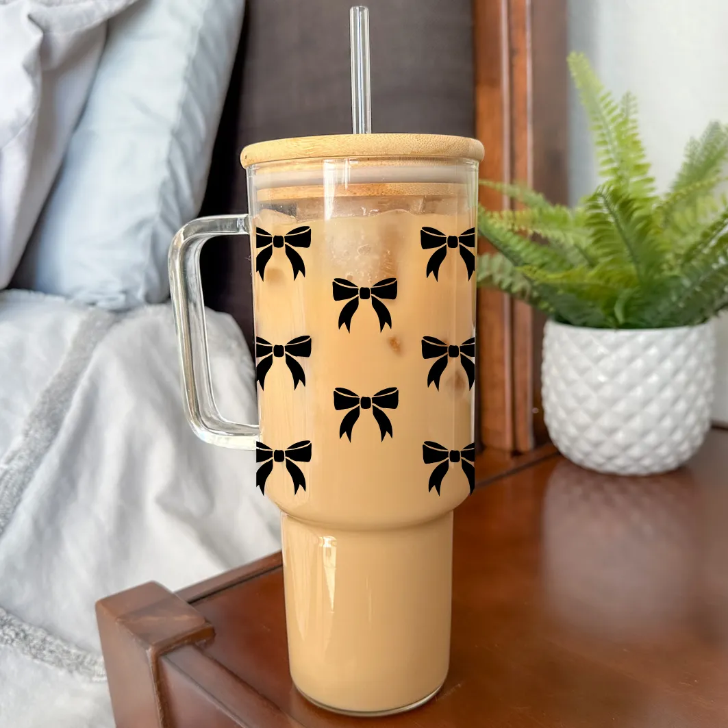 Ribbons | VINYL | 40 oz Clear Glass Tumbler with Bamboo Lid & Straw: Engraved to Match Design / Pink