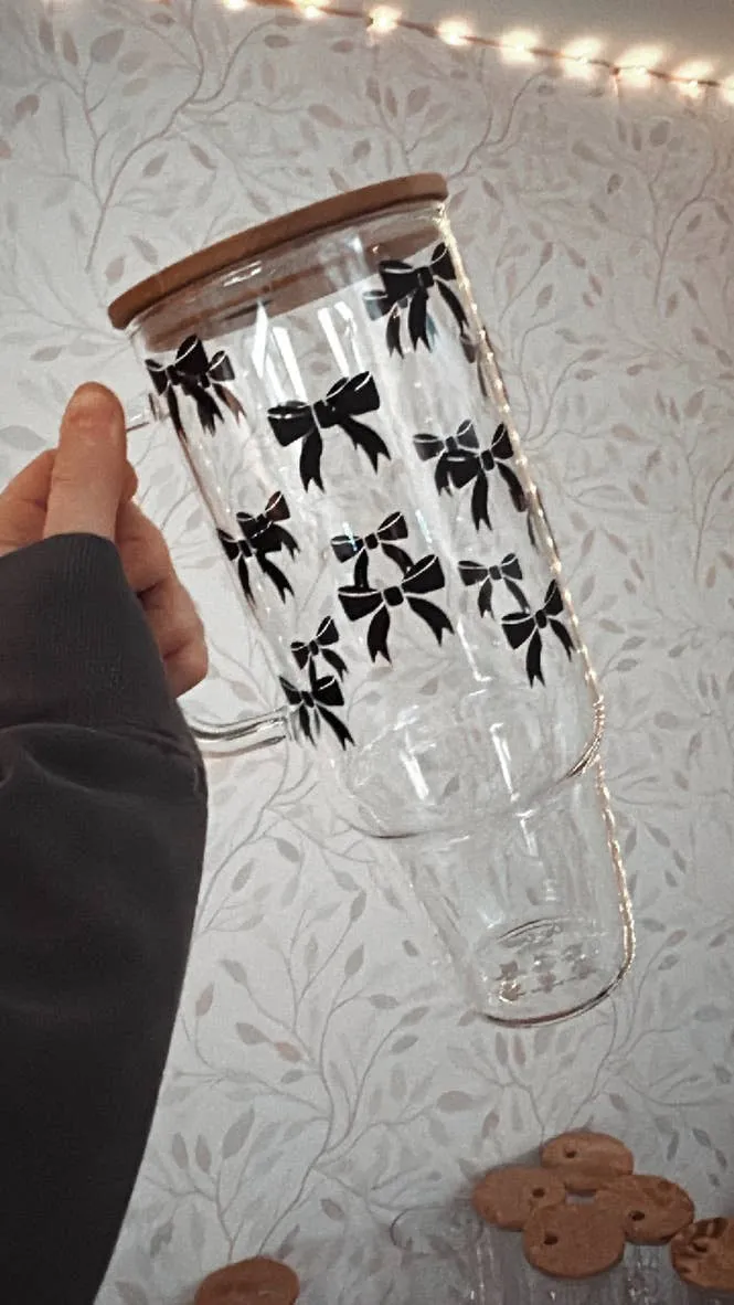 Ribbons | VINYL | 40 oz Clear Glass Tumbler with Bamboo Lid & Straw: Engraved to Match Design / Pink