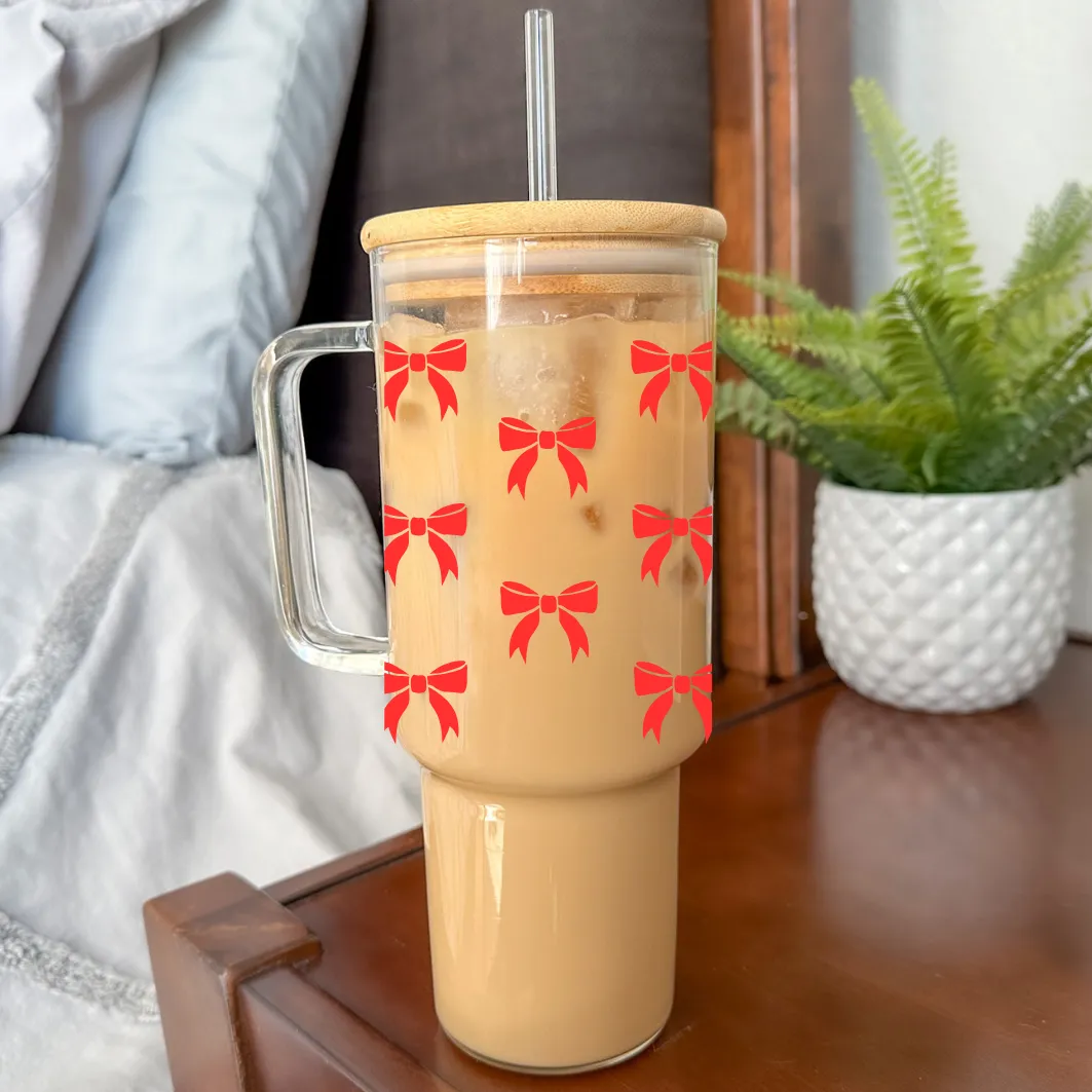 Ribbons | VINYL | 40 oz Clear Glass Tumbler with Bamboo Lid & Straw: Engraved to Match Design / Pink