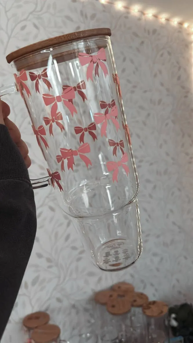 Ribbons | VINYL | 40 oz Clear Glass Tumbler with Bamboo Lid & Straw: Engraved to Match Design / Pink