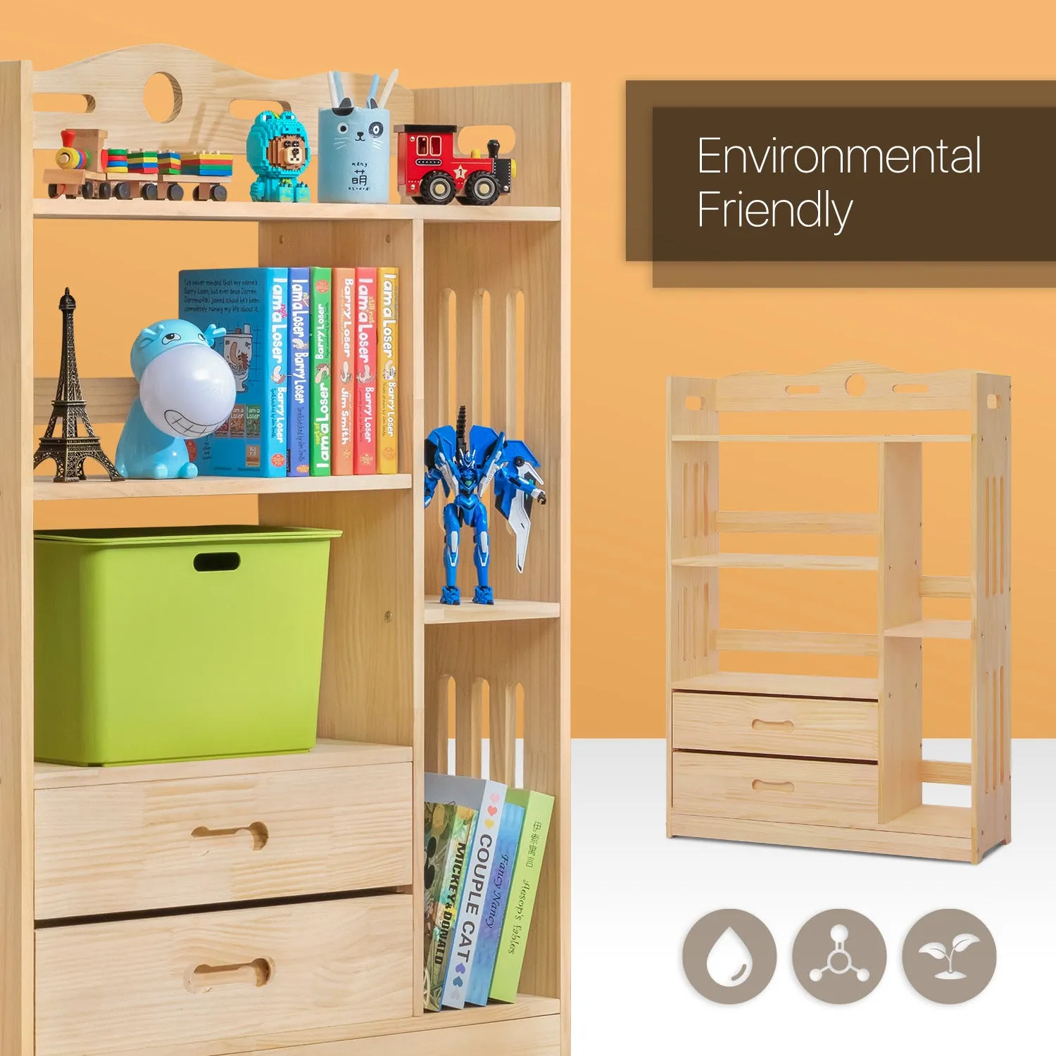 Wooden Display Storage Organizer - 4 Tier - with Drawer - 33" - Natural