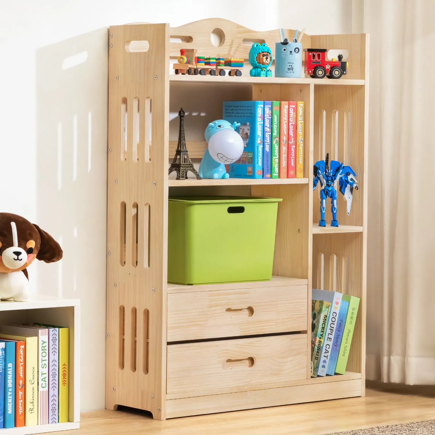 Wooden Display Storage Organizer - 4 Tier - with Drawer - 33" - Natural