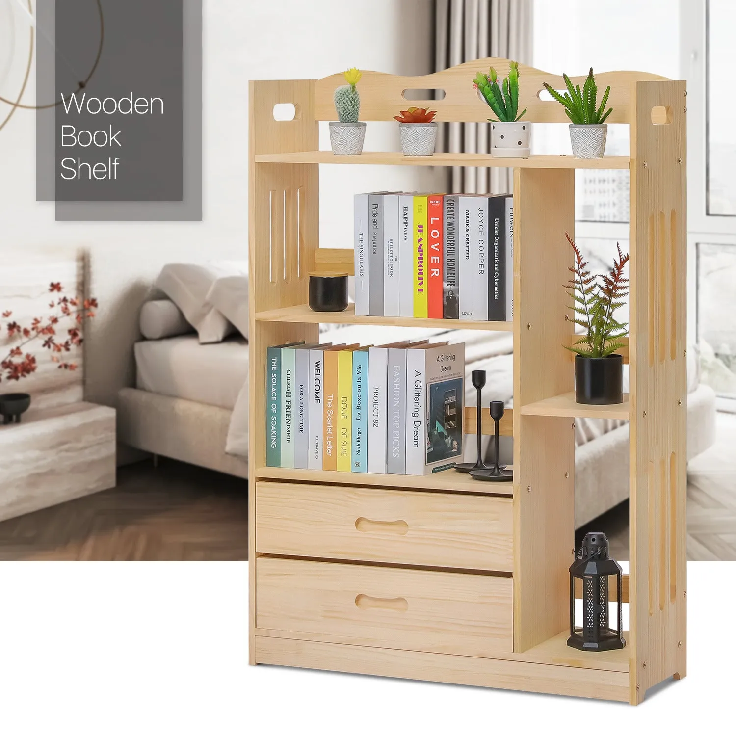 Wooden Display Storage Organizer - 4 Tier - with Drawer - 33" - Natural