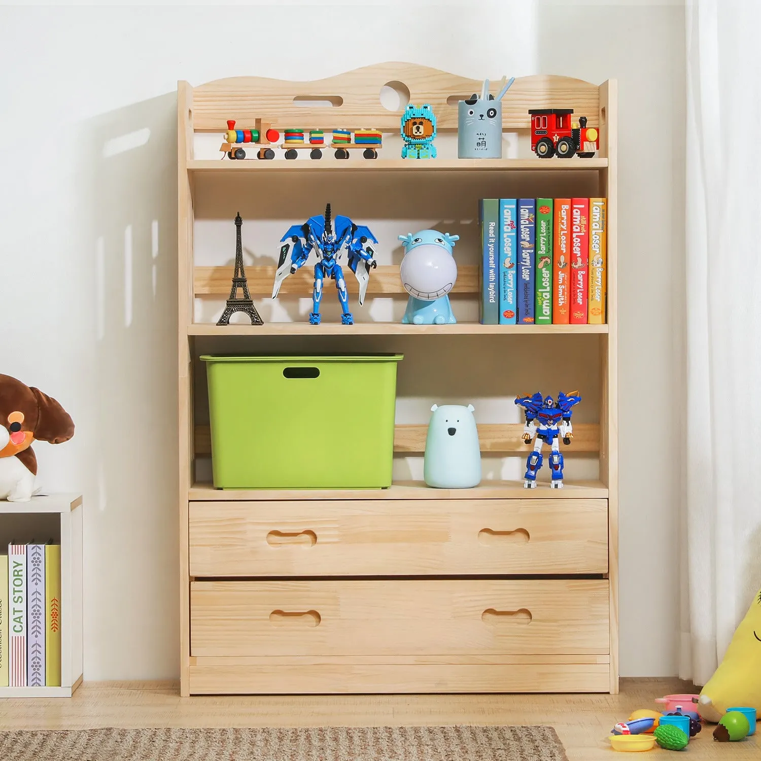 Wooden Display Storage Organizer - 4 Tier - with Drawer - Natural