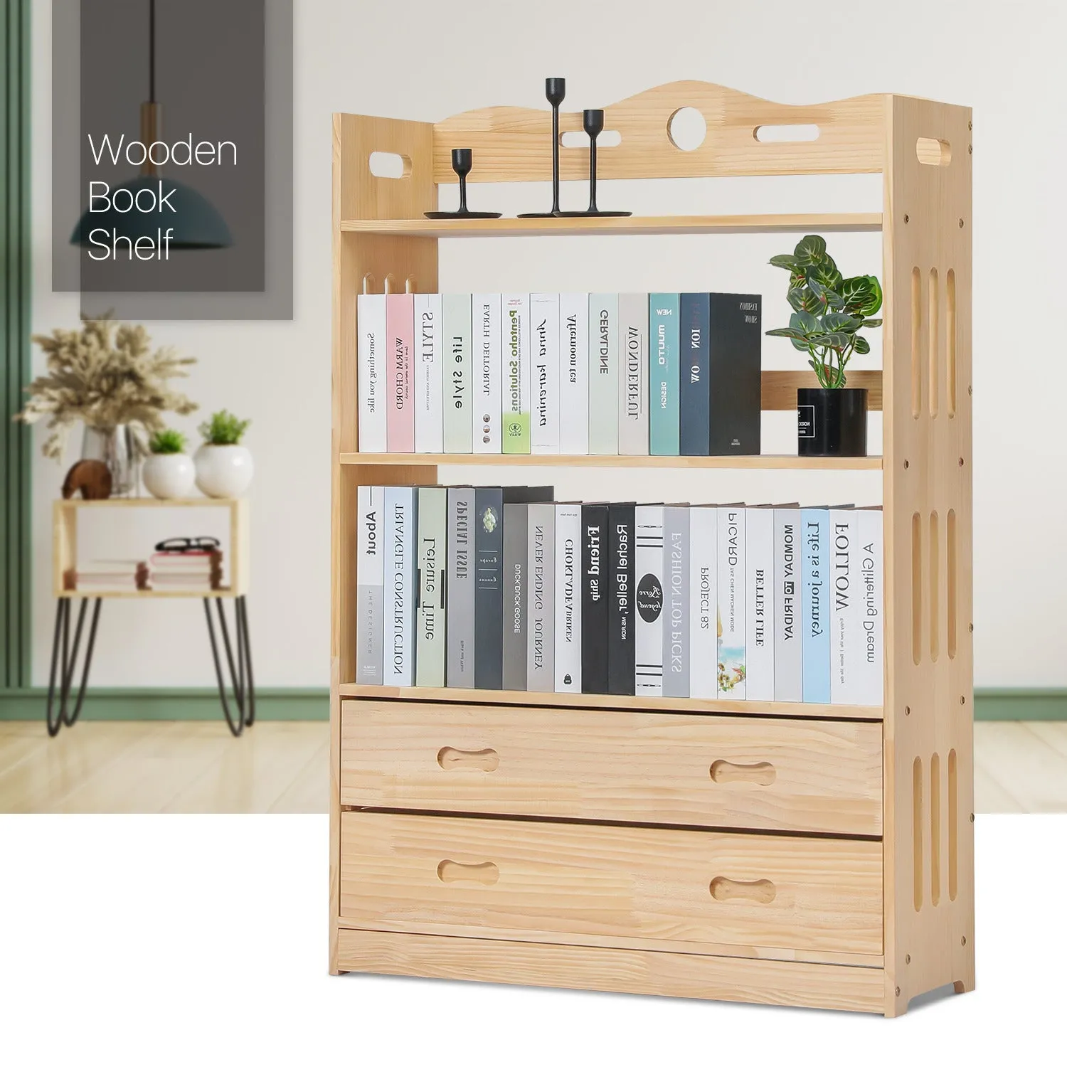 Wooden Display Storage Organizer - 4 Tier - with Drawer - Natural