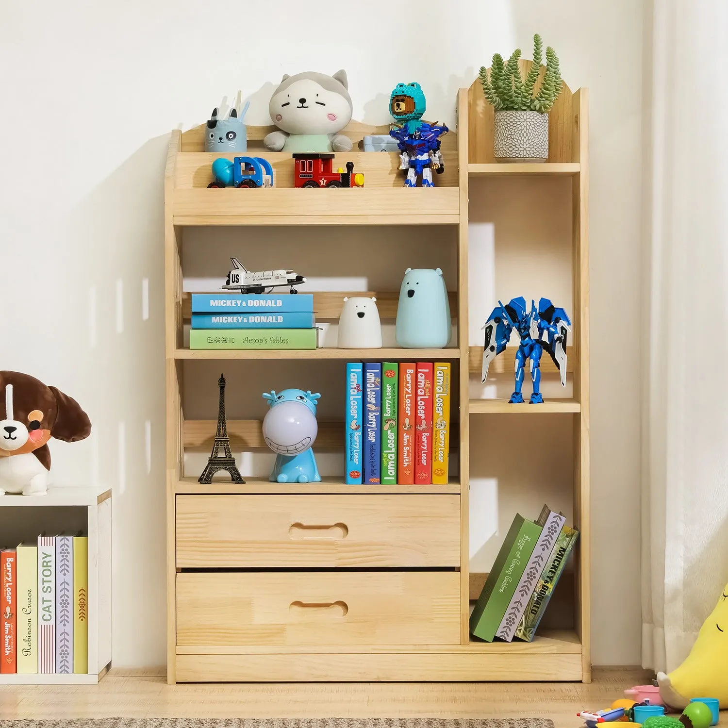 Wooden Display Storage Organizer - Unequal Top - 4 Tier - with Drawer - 33" - Natural