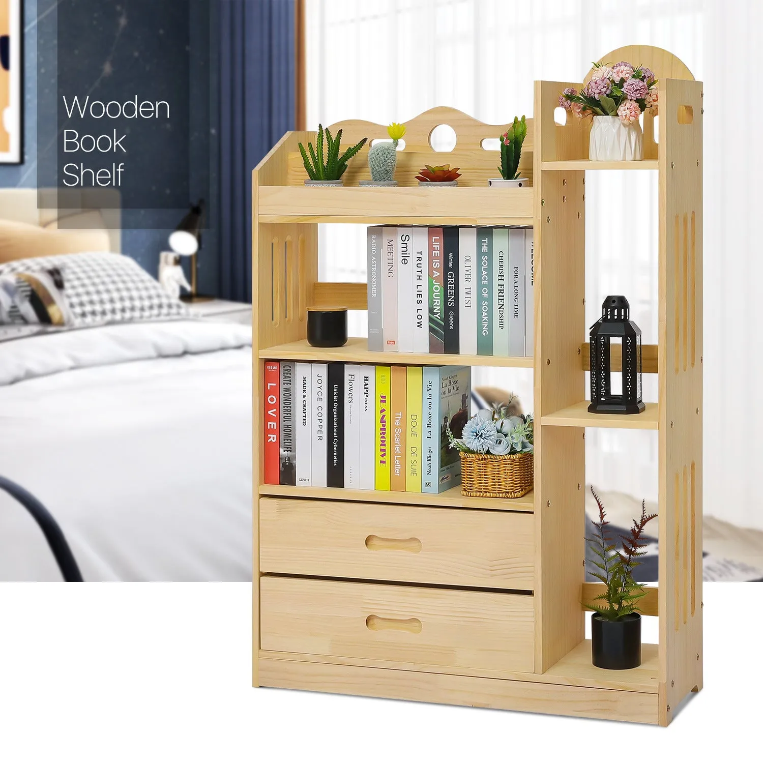 Wooden Display Storage Organizer - Unequal Top - 4 Tier - with Drawer - 33" - Natural