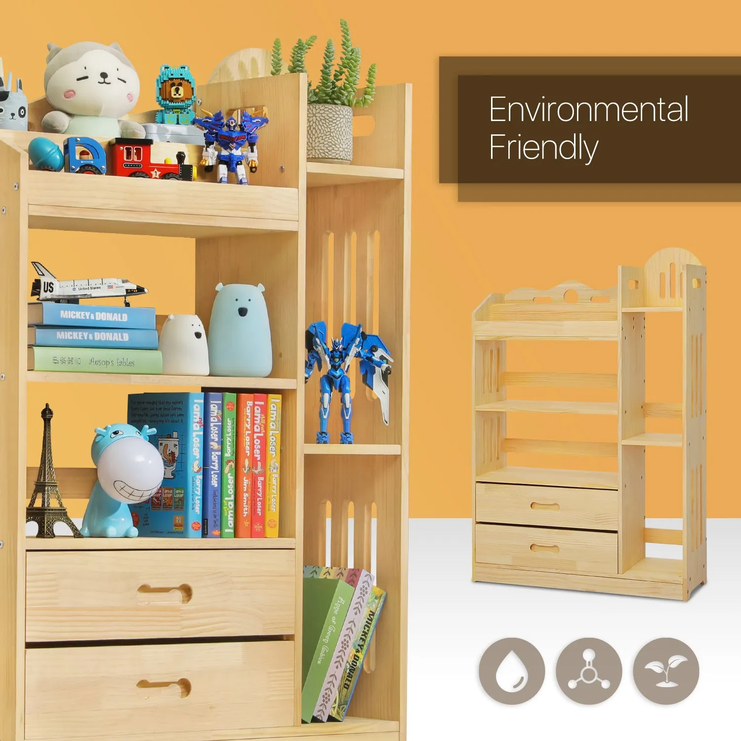Wooden Display Storage Organizer - Unequal Top - 4 Tier - with Drawer - 33" - Natural