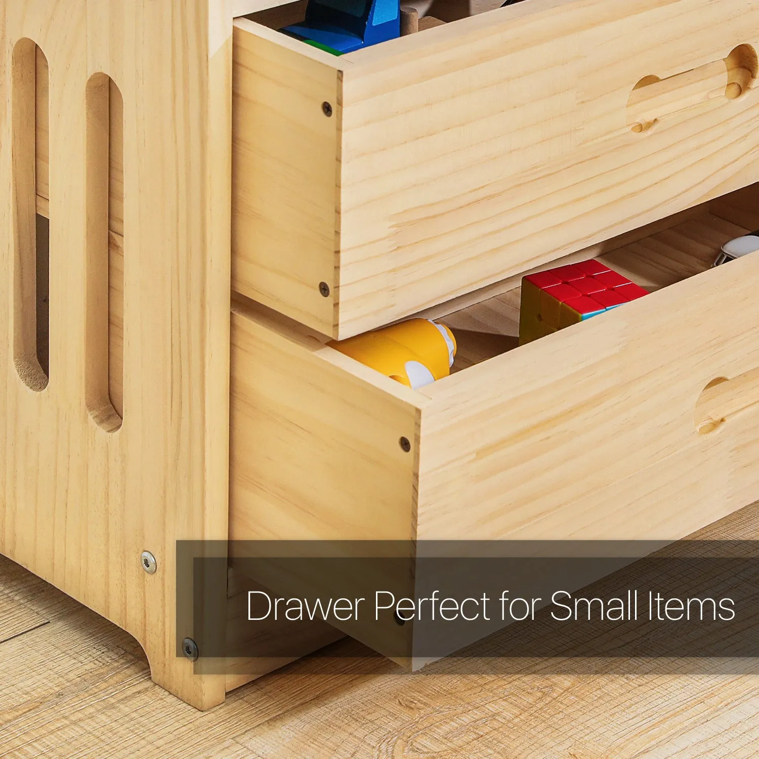 Wooden Display Storage Organizer - Unequal Top - 4 Tier - with Drawer - 33" - Natural
