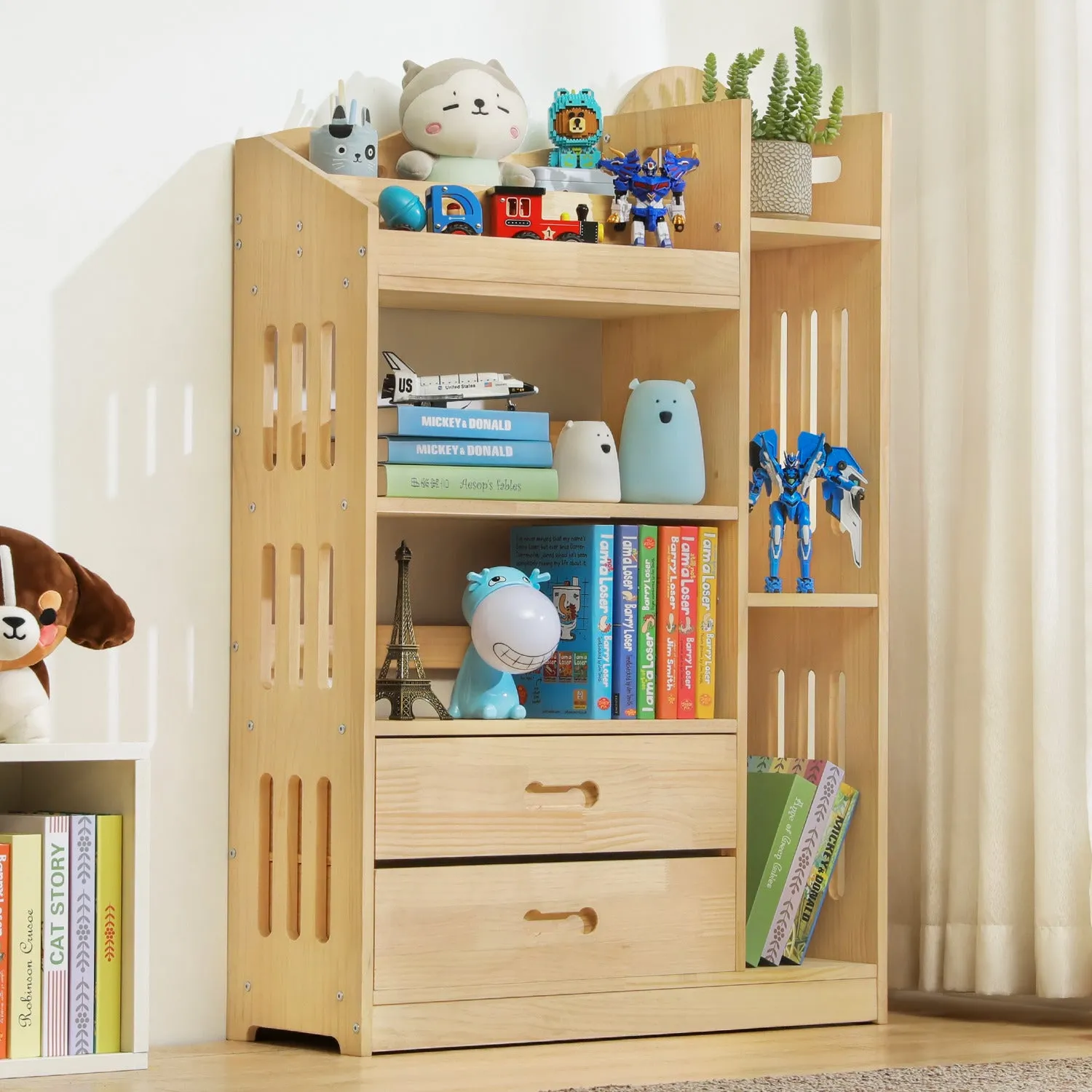 Wooden Display Storage Organizer - Unequal Top - 4 Tier - with Drawer - 33" - Natural